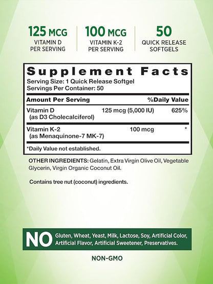 Vitamin K2 MK7 Complex | 100 mcg | 50 Softgels | with Vitamin D3 | Non-GMO & Gluten Free Supplement | by Nature's Truth