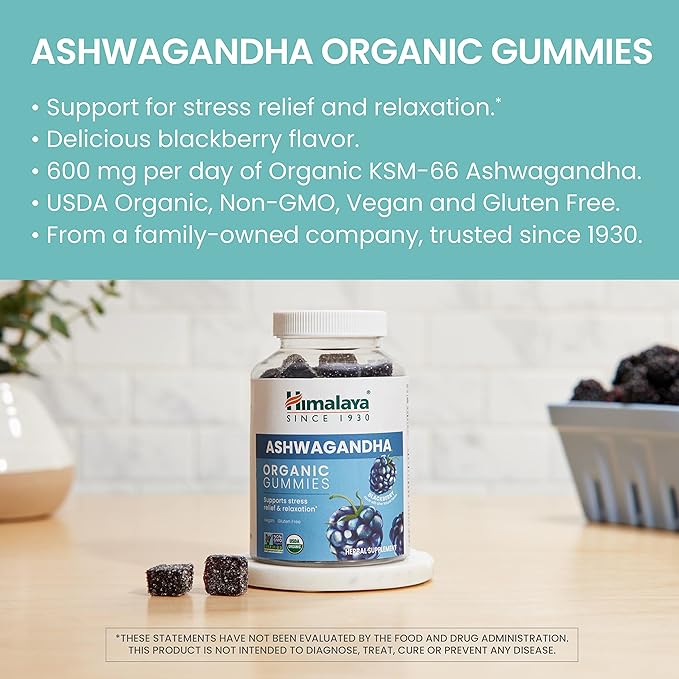 Himalaya Ashwagandha Organic Gummies, KSM-66 Organic Ashwagandha to Help with Stress Relief, Energy and Relaxation, 60 Gummies with Delicious BlackBerry Flavor