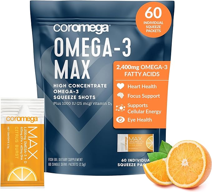 Coromega MAX High Concentrate Omega 3 Fish Oil, 2400mg Omega-3s with 3X Better Absorption Than Softgels, 60 Single Serve Packets, Citrus Burst Flavor; Omega 3 Supplement with Vitamin D