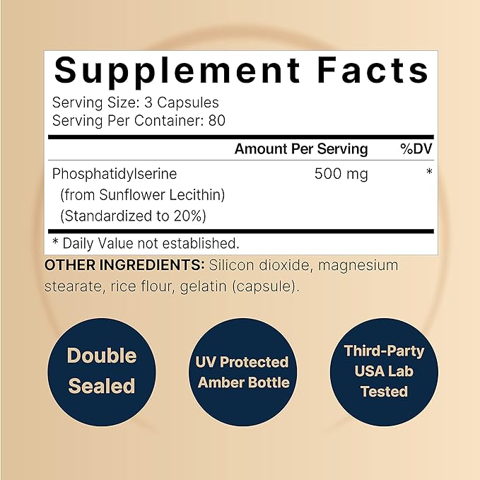 Ultra Strength Phosphatidylserine Supplement 500mg Per Serving, 240 Capsules | Soy Free, Derived from Sunflower Lecithin – Supports Cognitive Health and Brain Function – Non-GMO