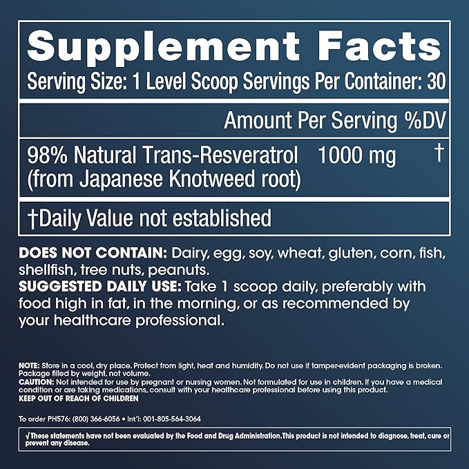 ProHealth Longevity Micronized Trans Resveratrol Powder 30 Grams - 98% Pure Pharmaceutical Grade, 1000 mg per Scoop, Superior Absorption and Bioavailability