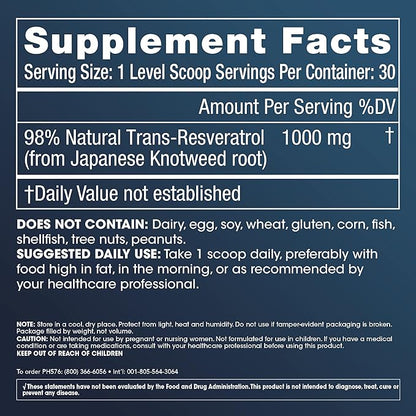 ProHealth Longevity Micronized Trans Resveratrol Powder 30 Grams - 98% Pure Pharmaceutical Grade, 1000 mg per Scoop, Superior Absorption and Bioavailability