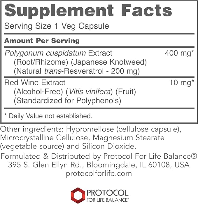 Protocol Resveratrol 200mg - Red Vine Extract and Japanese Knotweed - Heart Health - 60 Veg Caps