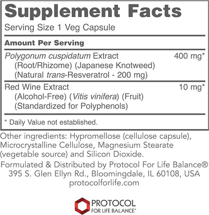 Protocol Resveratrol 200mg - Red Vine Extract and Japanese Knotweed - Heart Health - 60 Veg Caps