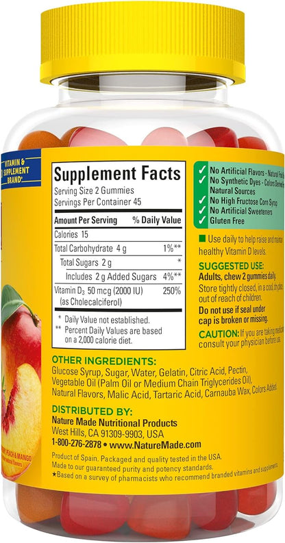 Nature Made Vitamin D3 2000 IU (50 mcg) per serving, Dietary Supplement for Bone, Teeth, Muscle and Immune Health Support, 90 Gummies, 45 Day Supply