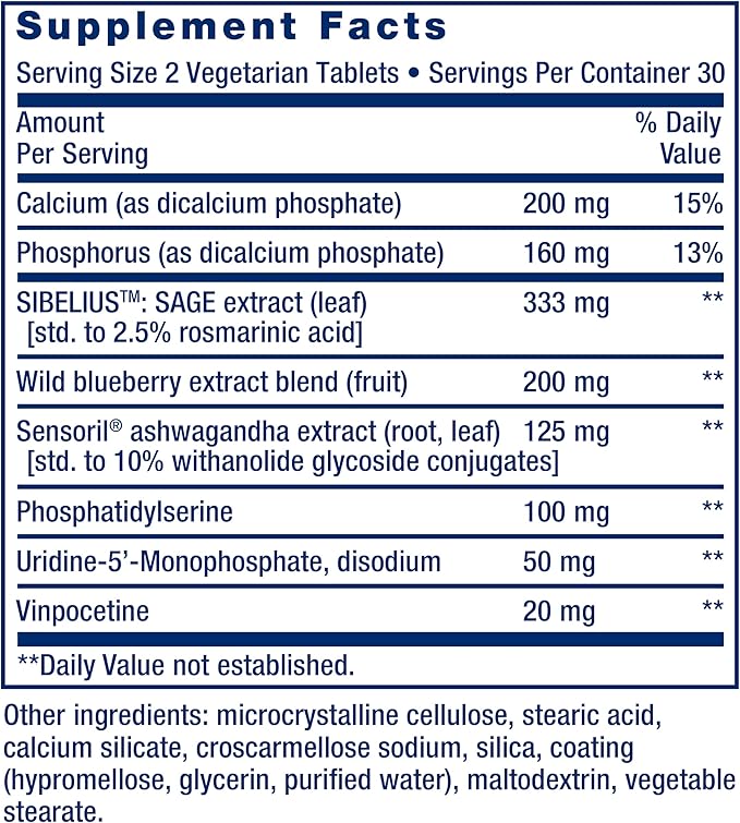 Life Extension Cognitex® Elite, sage, blueberry, ashwagandha, phosphatidylserine, vinpocetine, attention, focus, mood & memory, gluten-free, non-GMO, vegetarian, 60 tablets