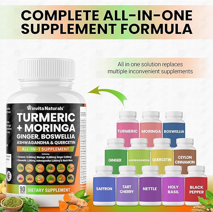 Turmeric Curcumin 10000mg Moringa 10000mg Boswellia 3500mg Ginger 2500mg Saffron 2000mg - Joint Support Supplement for Women and Men with Ceylon Cinnamon, Quercetin, Tart Cherry Vegan Capsules USA