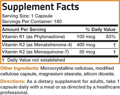 Vitamin K Triple Play (Vitamin K2 MK7 / Vitamin K2 MK4 / Vitamin K1) Full Spectrum Complex Vitamin K Supplement, 180 Capsules