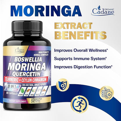 Moringa Leaf 7500mg Boswellia 1500mg Quercetin 450mg Supplement - Breast Milk, Heart, Immune & Joint Support - 8in1 Combined Turmeric, Ceylon, Ginger & More - 90 Veggie Capsules for 3 Months