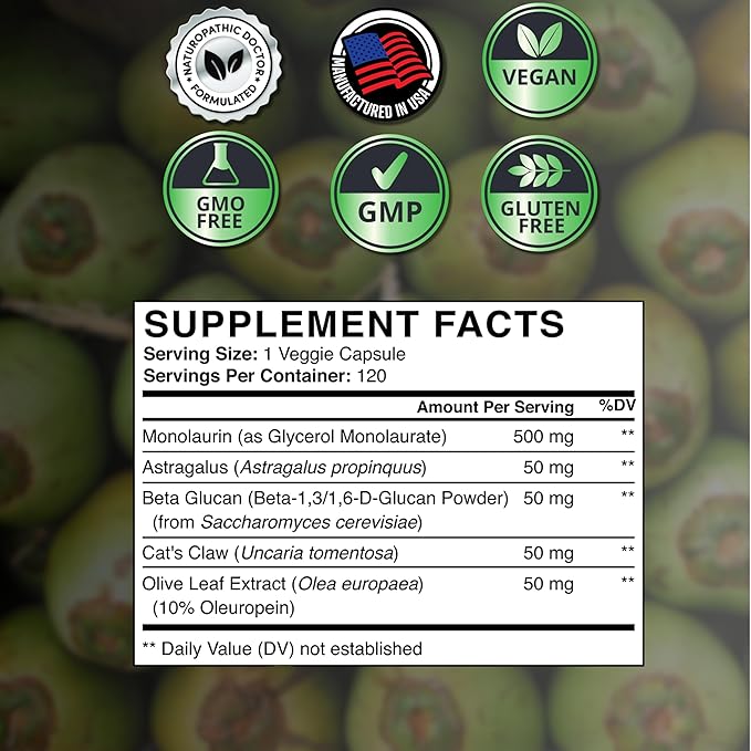 Monolaurin Capsules Supplement - Tick Bite Immune Support - Lauric Acid, Astragalus, Cats Claw, Beta Glucan, Olive Leaf - Much Potent Than 1000mg Pellets