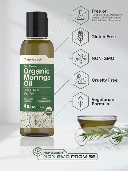 Horbäach Organic Moringa Oil | 4 fl oz | for Face, Hair, and Skin | 100% Therapeutic Grade | Paraben and Sulfate Free, Non-GMO