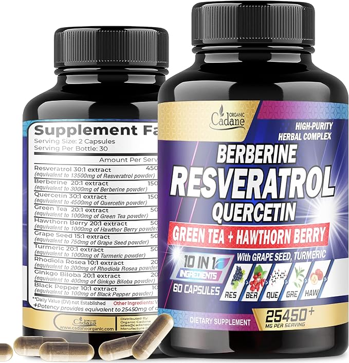 Premium Resveratrol Supplement 25450mg - Healthy Aging, Heart, Brain & Immune Support - 10in1 with Quercetin, Berberine, Green Tea, Turmeric, Black Pepper & More - 60 Capsules for 1 Month