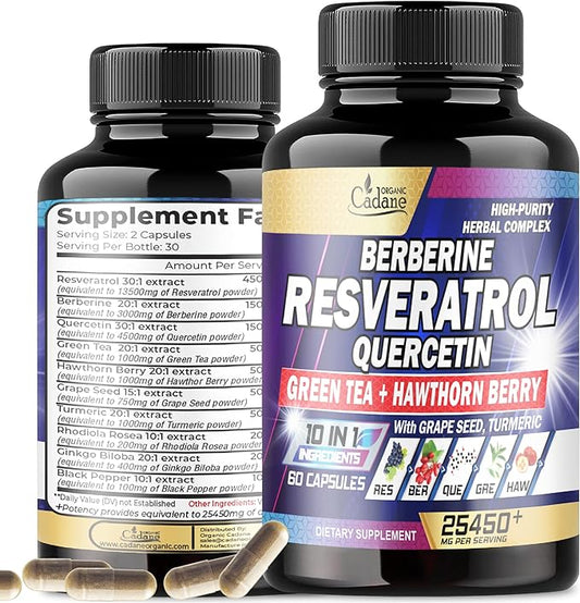 Premium Resveratrol Supplement 25450mg - Healthy Aging, Heart, Brain & Immune Support - 10in1 with Quercetin, Berberine, Green Tea, Turmeric, Black Pepper & More - 60 Capsules for 1 Month