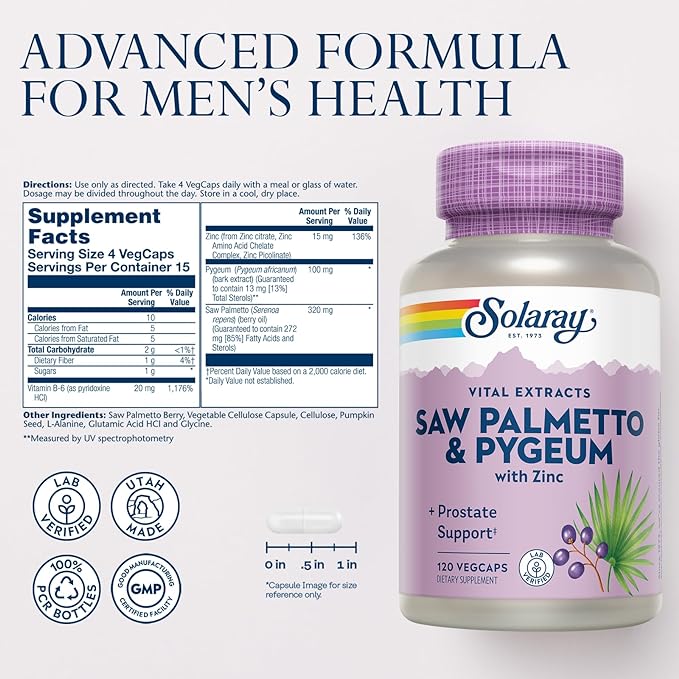 SOLARAY Saw Palmetto and Pygeum - Saw Palmetto for Men and Pygeum Bark - with Zinc, Vitamin B6, Pumpkin Seed and Amino Acids - Prostate Supplements for Men w/Beta Sitosterol (120 VegCaps)