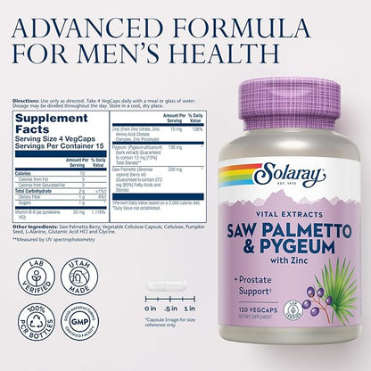 SOLARAY Saw Palmetto and Pygeum - Saw Palmetto for Men and Pygeum Bark - with Zinc, Vitamin B6, Pumpkin Seed and Amino Acids - Prostate Supplements for Men w/Beta Sitosterol (120 VegCaps)