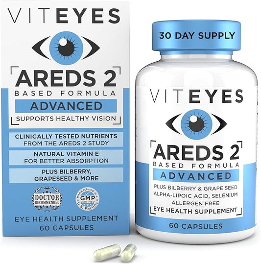 Viteyes AREDS 2 Advanced Macular Support with Bilberry, grapeseed, FLORAGLO Lutein, Selenium, Natural Vitamin E, Allergen Free, Eye Vitamins for Vision Protection, 60 Count