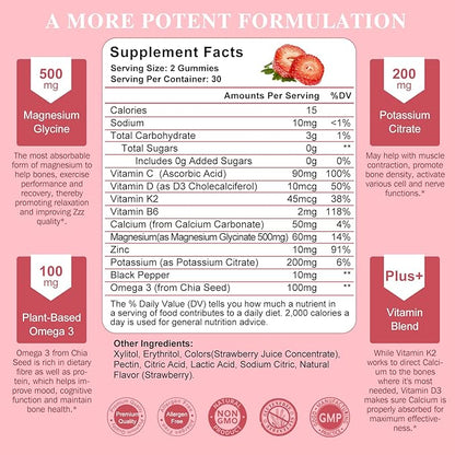 Magnesium Potassium Supplement Gummies - New Formula Calm Magnesium Glycinate Gummies 500mg & Potassium Citrate 200mg Plus Omega 3, B6, D3, K2 & Calcium for Zzz, Leg Cramps & Muscle - 120 Gummies