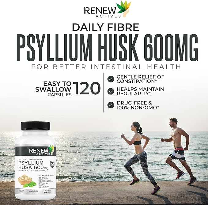 Renew Actives Psyllium Husk Capsules - Bulk-Forming Laxative - Soluble Fiber Supplement for Adult Health & Well-being - Pure ingredients, 120 capsules