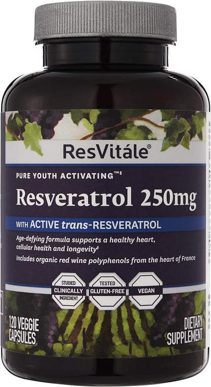 ResVitále Resveratrol 250 mg - Resveratrol Supplement for Men and Women - 120 Veggie Capsules