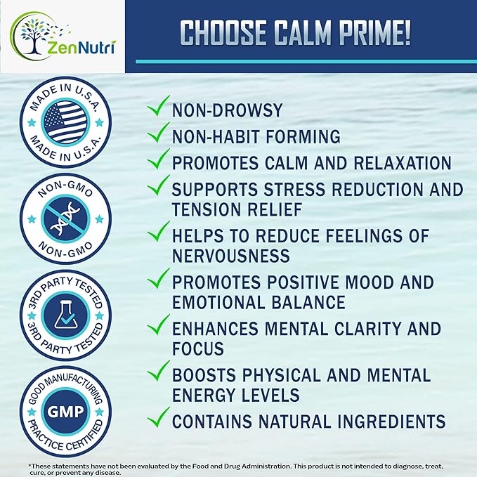 Calm Prime Stress Relief Supplement Non-Drowsy | Mood Support Supplement | Mood Boost | Vegan Daytime Stress Supplements Calm Aid | Stress Vitamins - Ashwagandha, Valerian Root - 60 count