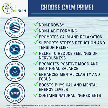 Calm Prime Stress Relief Supplement Non-Drowsy | Mood Support Supplement | Mood Boost | Vegan Daytime Stress Supplements Calm Aid | Stress Vitamins - Ashwagandha, Valerian Root - 60 count