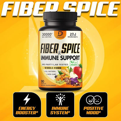 27in1 Fiber and Spice Supplement 30000Mg - Combined with Organic Psyllium, Whole Apple, Elderberry & more - Support Mood, Body & Immunity - 90 Capsules for 1 Month