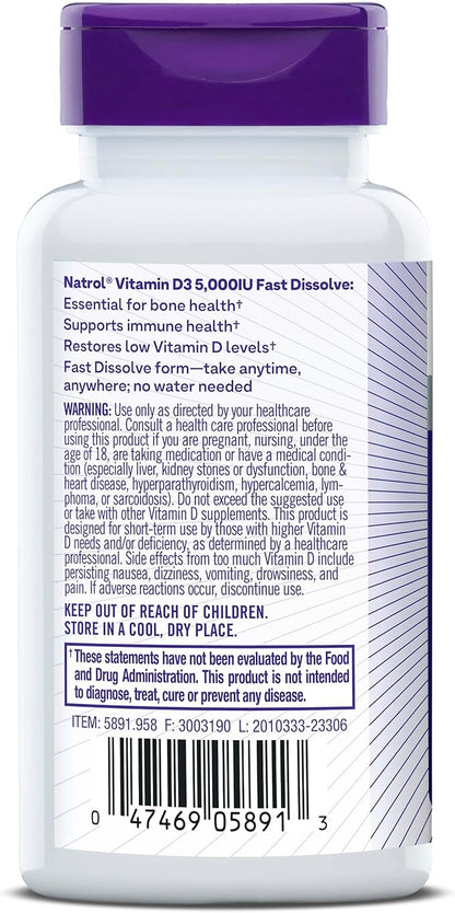 Natrol Vitamin D3 Fast Dissolve Tablets, Dietary Supplement, Bone & Joint Health, Support Your Immune Health, 5000 IU, 90 Count (Pack of 12)