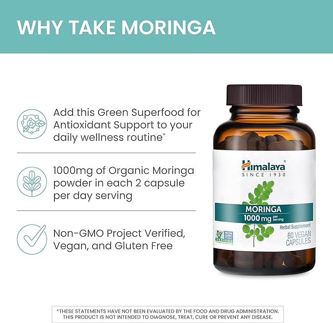 Himalaya Moringa, 60 Capsules, Green Superfood for Antioxidant Support and Wellness, 1000 mg, 1 Month Supply, Non-GMO Project Verified, Vegan, Gluten Free Supplement, Additive Free