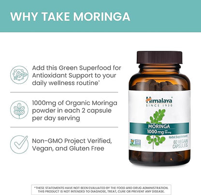 Himalaya Moringa, 60 Capsules, Green Superfood for Antioxidant Support and Wellness, 1000 mg, 1 Month Supply, Non-GMO Project Verified, Vegan, Gluten Free Supplement, Additive Free