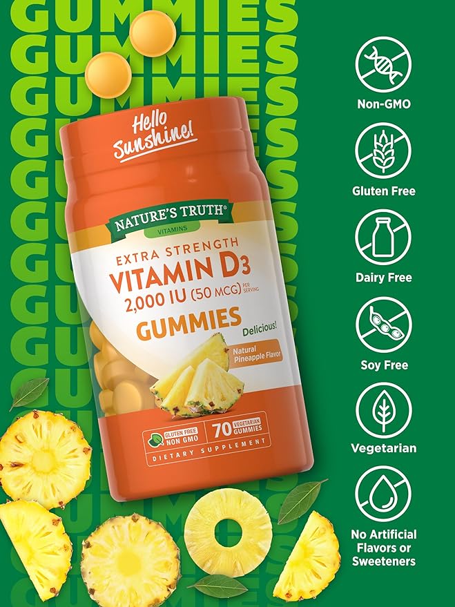 Nature's Truth Vitamin D3 Gummies | 2000 IU | 70 Count | Pineapple Flavor | Vegetarian, Non-GMO and Gluten Free Supplement