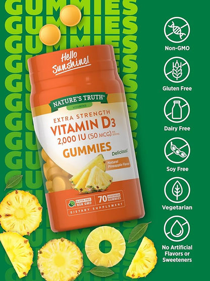 Nature's Truth Vitamin D3 Gummies | 2000 IU | 70 Count | Pineapple Flavor | Vegetarian, Non-GMO and Gluten Free Supplement