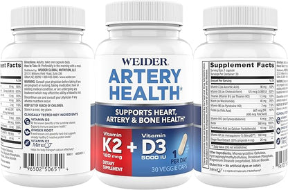 Weider Artery Health for Heart, Immune and Bone Support with Vitamin K2 (180mcg) & Vitamin D3 (5000iu), 30 Veggie Capsules