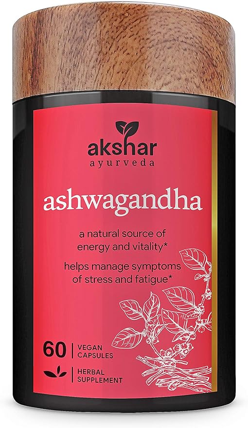 Akshar Ayurveda - Ashwagandha Capsules with Ashwagandha Root Extract and Powder - Adaptogenic Herbal Support for Stress, Mood, Energy & Vitality - Vegan Cruelty-Free Ashwagandha Supplements (60 Count)