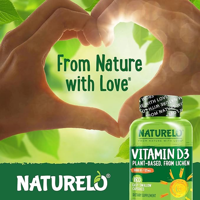 NATURELO Vitamin D - 5000 IU - Plant Based from Lichen - Natural D3 Supplement for Immune System, Bone Support, Joint Health - High Potency - Vegan - Non-GMO - Gluten Free - 180 Capsules