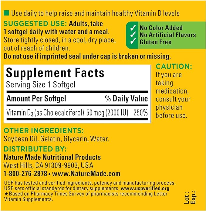 Nature Made Vitamin D3, 90 Softgels, Vitamin D 2000 IU (50 mcg) Helps Support Immune Health, Strong Bones and Teeth, & Muscle Function, 250% of The Daily Value for Vitamin D in One Daily Softgel