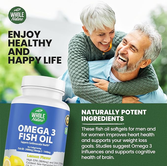 Omega 3 Fish Oil Supplements, Maximum Strength 2400 mg Omega-3, 1440mg Fish Oil, EPA DHA Fatty Acids, Heart Health, Vision, Eye, Brain, Immune Support for Women & Men. Natural Lemon Flavor, 60 ct (1)