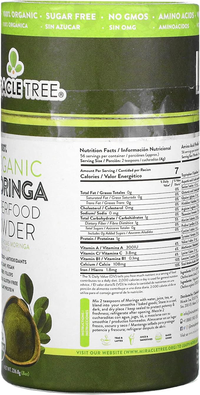 Miracle Tree 100% Organic Moringa Superfood Powder, 8 oz (226.8 g)