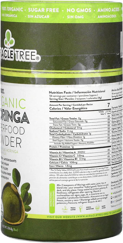 Miracle Tree 100% Organic Moringa Superfood Powder, 8 oz (226.8 g)