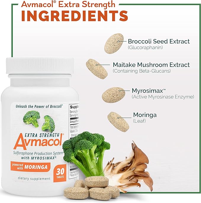 Avmacol Extra Strength #1 Researched Sulforaphane-Producing Brand for Detoxification, Antioxidant Support, Immune Health, Adults & Children, Nutramax Laboratories Consumer Care, Moringa, 30 Tablets