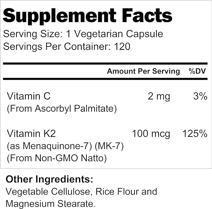 Vitamin K2 MK7 100 Mcg with MenaQ7-120 Veg Caps | from Natto | Heart & Bone Health | Cardiovascular Support | Non-GMO