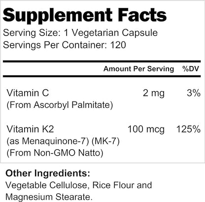 Vitamin K2 MK7 100 Mcg with MenaQ7-120 Veg Caps | from Natto | Heart & Bone Health | Cardiovascular Support | Non-GMO