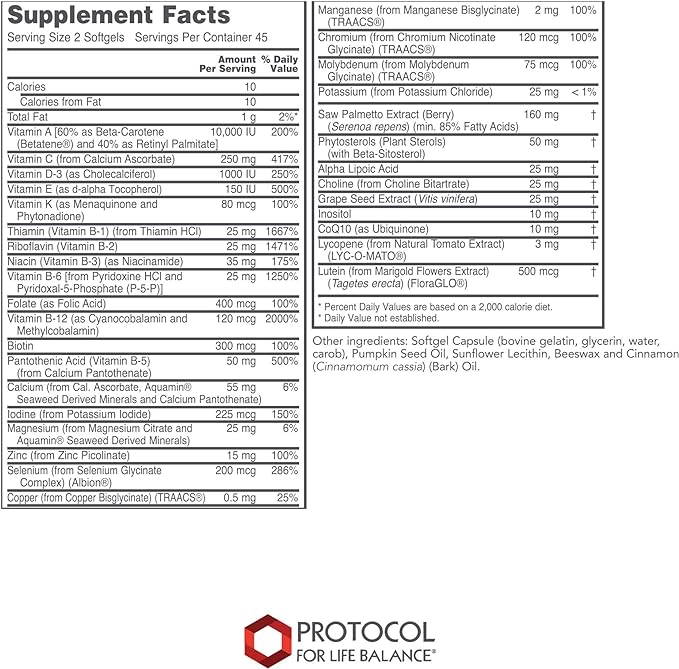 Protocol Ortho Multi - Prostate Health and Multivitamin for Men - Iron Free - 90 Softgels