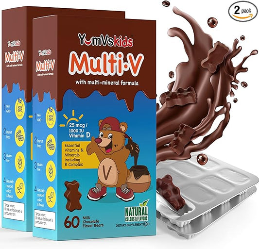 YUM-V'S - Kids Multivitamin Chewable Chocolate Bears - Multivitamin for Kids Supplement - 16 Vitamins & Minerals - Vitamins Including D, Zinc, C, B Complex & More, 60 Count Pack of 2