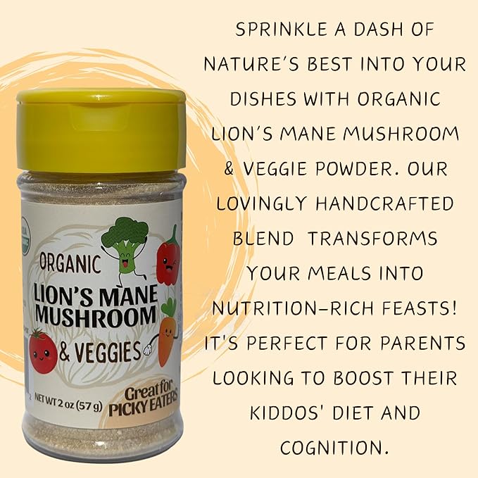 Lion's Grove Farm | Organic Lion's Mane Mushroom and Veggies | USA Grown Organic Lion's Mane Mushroom Powder | Fruiting Body Only | Vegetable Powder for Kids and Picky Eaters | 2 Oz