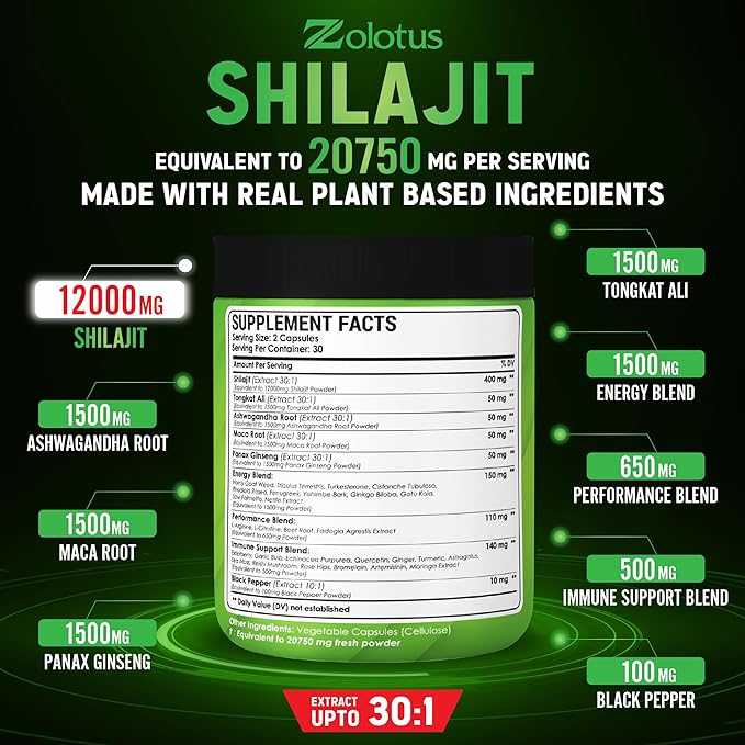 Zolotus (2 Packs 60 Capsules 20750mg Shilajit Capsules 34 in 1, with Tongkat Ali, Ashwagandha Root, Maca Root - Best Supplement for Brain Health, Immune System & Energy Production