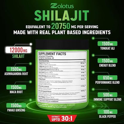 Zolotus (2 Packs 60 Capsules 20750mg Shilajit Capsules 34 in 1, with Tongkat Ali, Ashwagandha Root, Maca Root - Best Supplement for Brain Health, Immune System & Energy Production