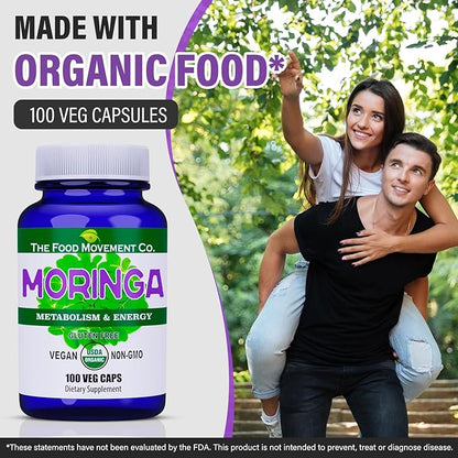 Moringa - Certified Organic Superfood, Whole Body Wellness, Natural Energy Support, Supports Healthy Metabolism - 100 Vegan Capsules