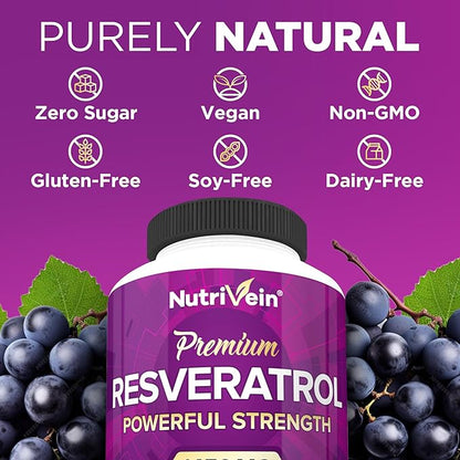 Nutrivein Resveratrol 1450mg - Antioxidant Supplement 120 Capsules – Supports Healthy Aging & Promotes Immune, Brain Boost & Joint Support - Made with Trans-Resveratrol, Green Tea Leaf, Acai Berry