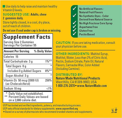 Nature Made Zero Sugar Vitamin D3 Gummies 2000 IU (50 mcg) per Serving, Immune, Bone, Teeth & Muscle Support Supplement, 110 Sugar Free Vitamin D Gummies, 55 Day Supply