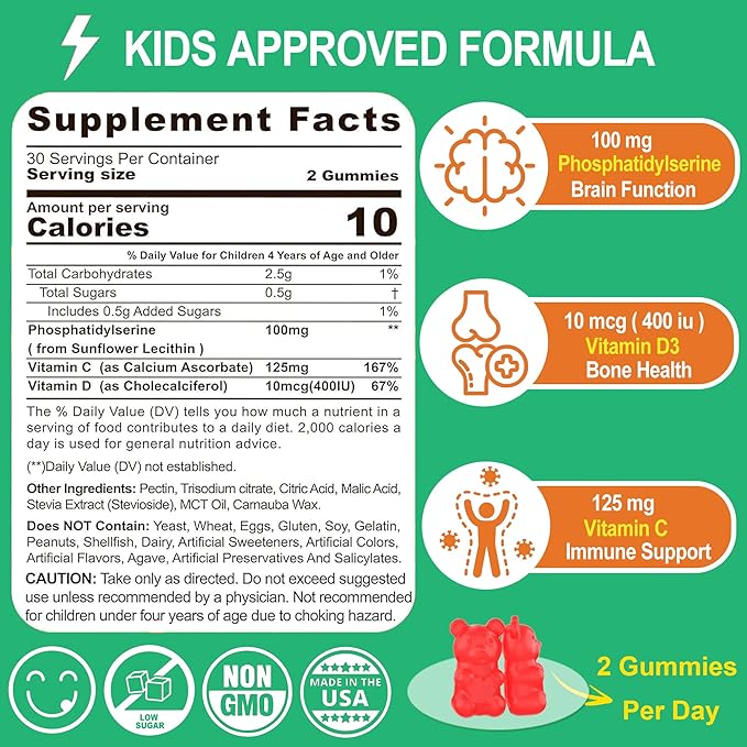 Phosphatidylserine Supplement for kids, Brain Focus Gummies, Phosphatidylserine 100mg + Vitamin D3 400IU, Vitamin C for Memory, Attention, Cognition, Bone & Immune Support, Tasty Orange Flavor, 120Cts